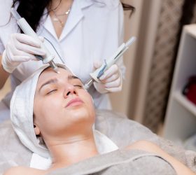 A young beautiful girl lies on the beautician's table and receives procedures with a professional apparatus for skin rejuvenation and moisturizing